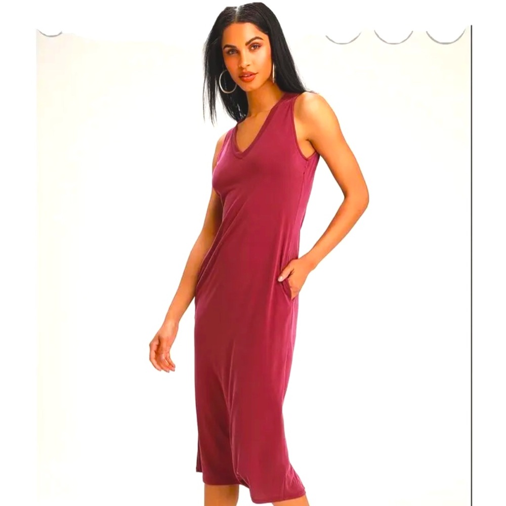 Lulu Natalie Washed Burgundy Sleeveless Midi Dress, Pockets, $45 XS - Lulu’s NWT